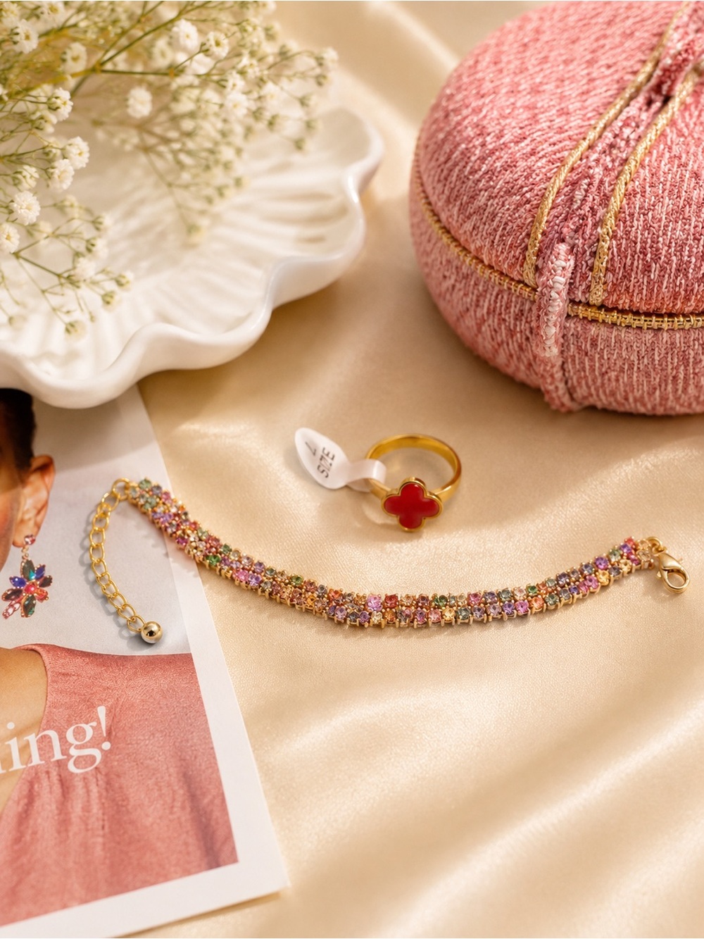 Elegant Multicolor Bracelet and Red Ring